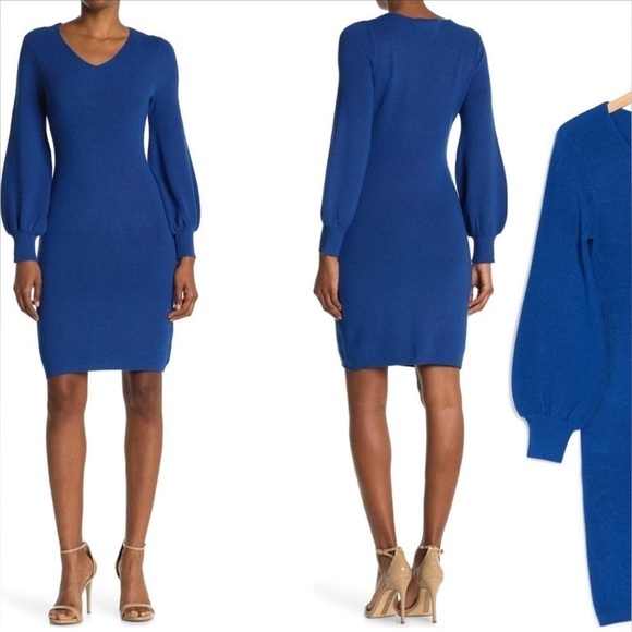 NINA LEONARD V-NECK BALLOON SLEEVE SWEATER DRESS COBALT BLUE NEW WITH TAG LARGE - Picture 1 of 7